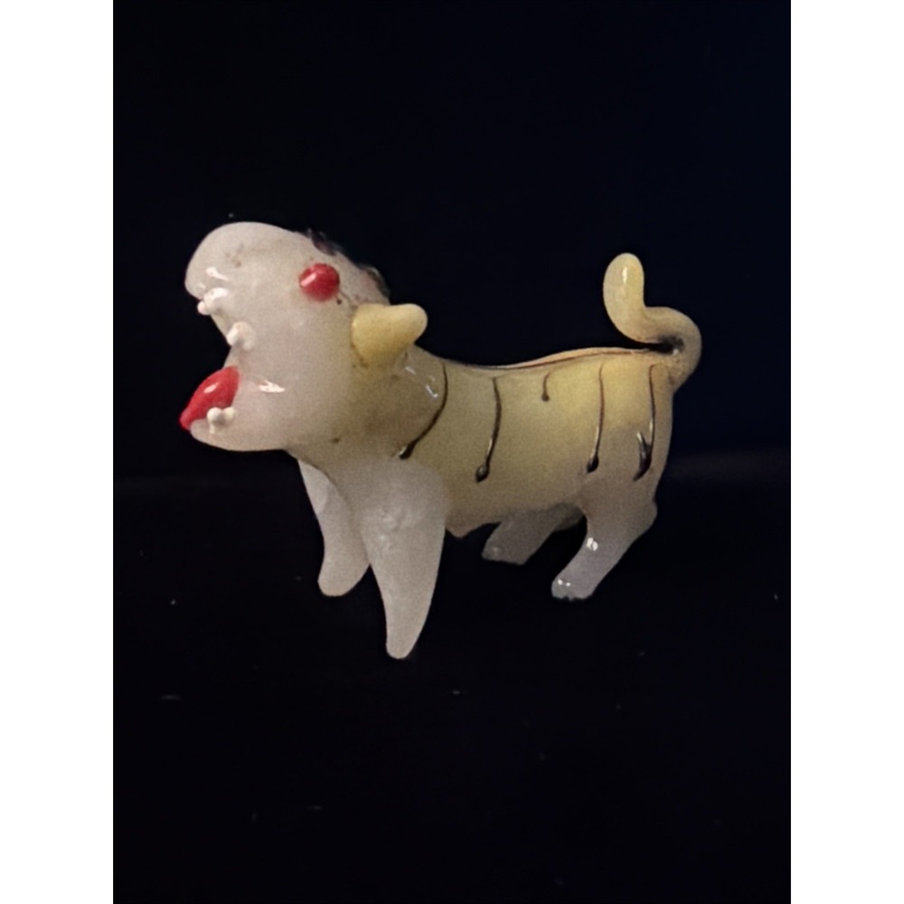 Vtg Glass Art Deco Tiger Figurine Striped Ornament Yellow Miniature Oriental